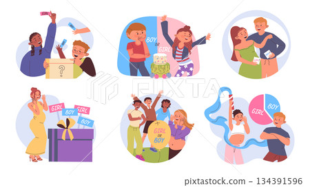 Family guessing baby gender concept set for web design. Collection with cartoon people at newborn reveal party. Pregnant mother and father thinking with box, cake or balloons. Vector illustration. Family guessing baby gender concept set for web design. Collection with cartoon people at newborn reveal party. Pregnant mother and father thinking with box, cake or balloons. Vector illustration. 134391596