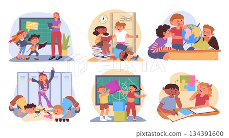 Classroom teamwork concept set for web design. Collection with cartoon people learning and teaching at school. Boys and girls reading books, studying lessons and doing homework. Vector illustration. 134391600