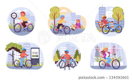 City bike commuting concept set for web design. Collection with cartoon people cycling at electric bicycle, boys and girls in helmets biking at city roads, using infrastructure. Vector illustration. 134391601