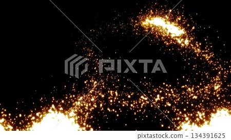 Festive fiery yellow fireworks, beautiful bright glowing shiny energy magical lines and stripes of salute particles. Abstract background 134391625
