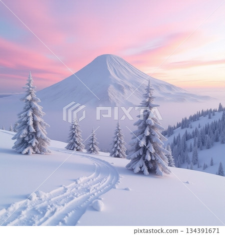 AI generated Peaceful mountain setting with fresh ski tracks and misty valley in view AI generated Peaceful mountain setting with fresh ski tracks and misty valley in view 134391671