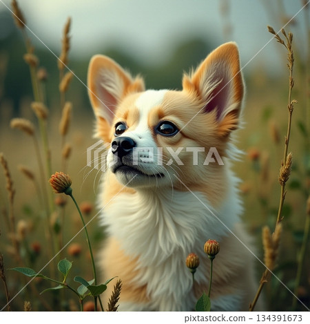 AI generated Corgi puppy exploring in grassy meadow, Tiny corgi with dew and bright alert AI generated Corgi puppy exploring in grassy meadow, Tiny corgi with dew and bright alert 134391673
