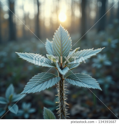 AI generated. Macro shot capturing icy textures and delicate hairs of forest nettle 134391687