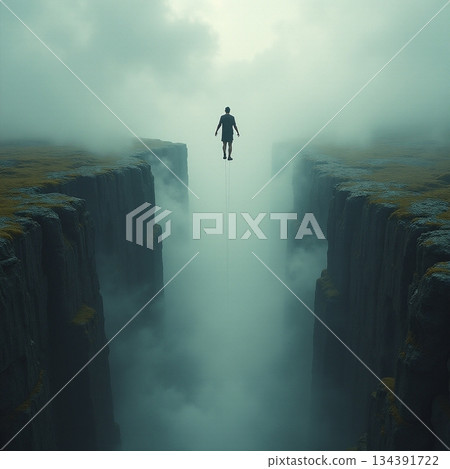 AI generated Climber must maintain stability while descending through dense fog and uneven AI generated Climber must maintain stability while descending through dense fog and uneven 134391722