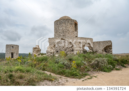 Aerial view marina cape Bonifacio south Corsica France citadel on rocky promontory on wild white limestone cliffs Aerial view marina cape Bonifacio south Corsica France citadel on rocky promontory on wild white limestone cliffs 134391724