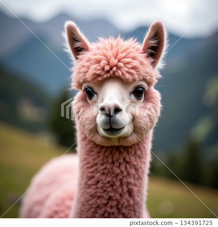 AI generated Tranquil summer landscape featuring colorful alpaca and distant mountain AI generated Tranquil summer landscape featuring colorful alpaca and distant mountain 134391725