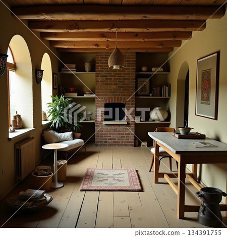 AI generated Bright country style living room featuring warm furnishings and unique 134391755