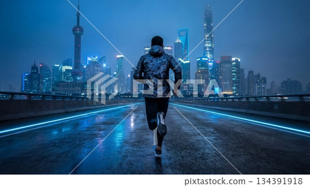 Man running futuristic city skyline night 134391918