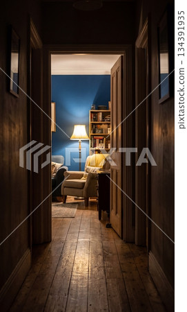 View through open door into cozy living room 134391935