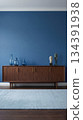 Wooden sideboard cabinet blue wall interior 134391938