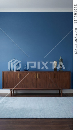 Wooden sideboard cabinet blue wall interior Wooden sideboard cabinet blue wall interior 134391938