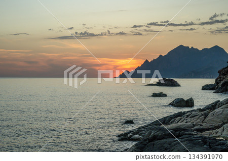 Sunset Westcoast Porto Corsica France medieval Town Mediterranean Sea Calanches de Piana 134391970