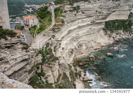 Aerial view marina cape Bonifacio south Corsica France citadel on rocky promontory on wild white limestone cliffs Aerial view marina cape Bonifacio south Corsica France citadel on rocky promontory on wild white limestone cliffs 134391977