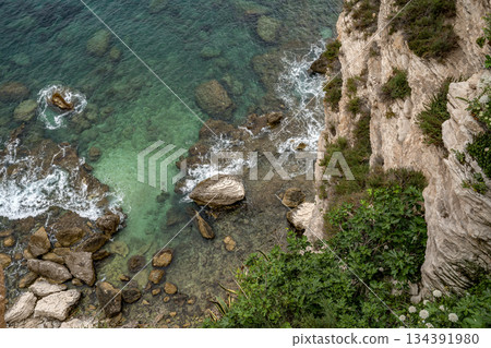 Aerial view marina cape Bonifacio south Corsica France citadel on rocky promontory on wild white limestone cliffs Aerial view marina cape Bonifacio south Corsica France citadel on rocky promontory on wild white limestone cliffs 134391980
