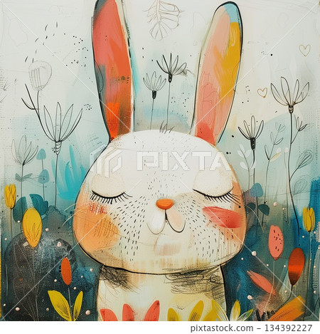 Cute bunny with flowers in watercolor style 134392227