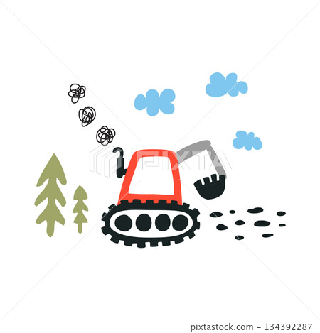 Childish excavator doodle clipart with clouds and fir trees Childish excavator doodle clipart with clouds and fir trees 134392287