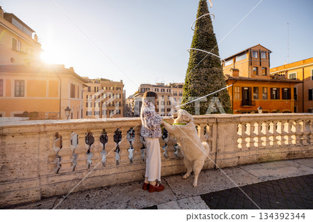 Woman with dog enjoying festive city view in Rome during holiday season Woman with dog enjoying festive city view in Rome during holiday season 134392344