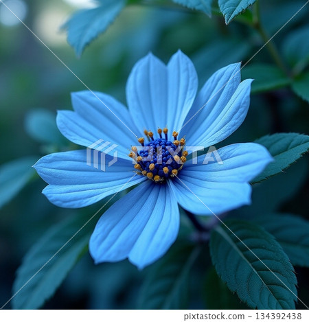 AI generated Quiet scene featuring solitary blue daisy adorned with dew and vibrant leaves 134392438