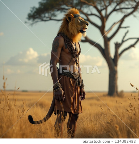 AI generated Upright protector dressed in customary clothing under vibrant sunset sky 134392488