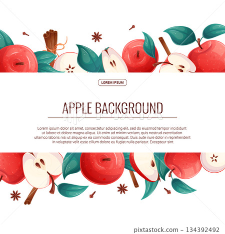 Colorful background with apples. Whole apple, half apple, sliced apple, cinnamon. Vector illustration for the design of posters, flyers, postcards and invitations 134392492