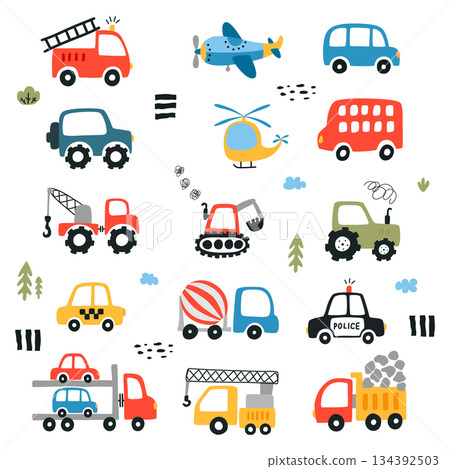 Set of different cute transport in flat style. Cartoon simple cars in scandinavian style. Cargo cars vector collection isolated on white background. 134392503