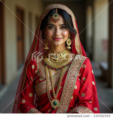 AI generated Graceful bride adorned with jewelry and attire for cultural wedding 134392504
