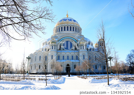Russia, St. Petersburg, February 24, 2018. In the photo, the city of Kronstadt, a suburb of St. Petersburg, the Naval Cathedral of St. Nicholas the Wonderworker and the snow Square, Russia, St. Petersburg, February 24, 2018. In the photo, the city of Kronstadt, a suburb of St. Petersburg, the Naval Cathedral of St. Nicholas the Wonderworker and the snow Square, 134392554