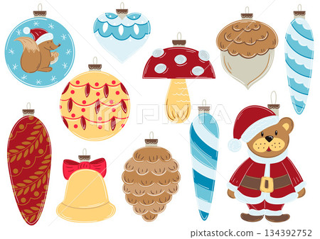 Christmas tree decorations, Christmas ornaments. Set of illustrations 134392752