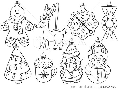 Christmas tree decorations, Christmas ornaments. Set of illustrations Christmas tree decorations, Christmas ornaments. Set of illustrations 134392759