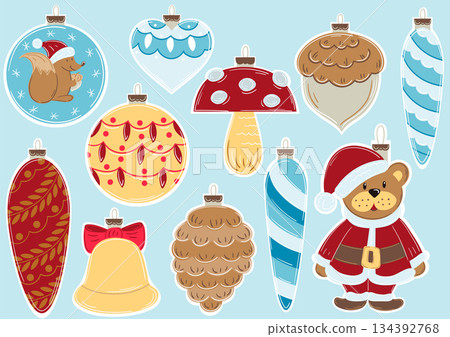 Christmas tree decorations, Christmas ornaments. Set of illustrations Christmas tree decorations, Christmas ornaments. Set of illustrations 134392768
