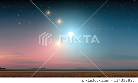 Planetary Alignment Over a Vast, Flat Field During Twilight Hours Above a Serene Landscape 134392955
