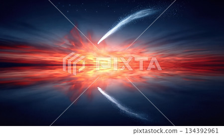 Shooting Star Descends Toward the Horizon With Vibrant Reflections at Dusk 134392961