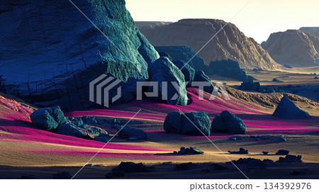 Vivid Alien Desert Landscape Showcasing Geometric Rock Formations and Colorful Sand Patterns 134392976