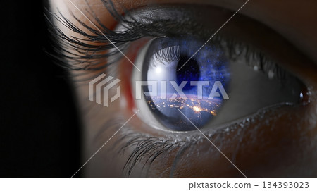 Surreal View of Earth Captured in a Human Eye During Twilight Hours 134393023