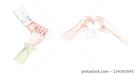 Watercolor illustration of couple holding hands with engagement ring and woman hands showing heart set. Ideal for wedding card, proposal design, romantic invitation, anniversary and love story concept 134393045