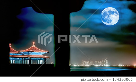 Moon Festival Celebration With a Stunning View of a Pagoda and Bright Full Moon at Night Moon Festival Celebration With a Stunning View of a Pagoda and Bright Full Moon at Night 134393065