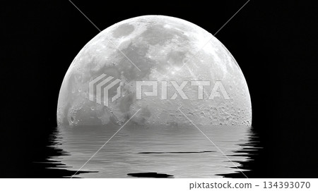 Moon Water Reflecting the Full Moon Illuminated in a Dark Night Sky in Serene Surroundings 134393070