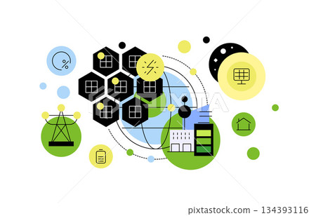 Global ecosystem and solar energy transformation. Flat illustration Global ecosystem and solar energy transformation. Flat illustration 134393116