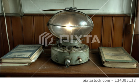 Air Raid Alarm Device Displayed on a Table Beside Old Books in a Quiet Room 134393138