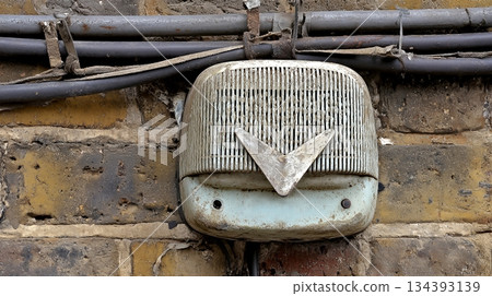 A Vintage Air Raid Alarm is Fixed to a Brick Wall 134393139