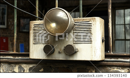 Air Raid Alarm Resting on a Railing in an Abandoned Building During the Day 134393140