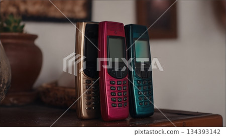 Exploring Vintage Alternative Phones in Vibrant Colors Displayed on a Rustic Wooden Table 134393142