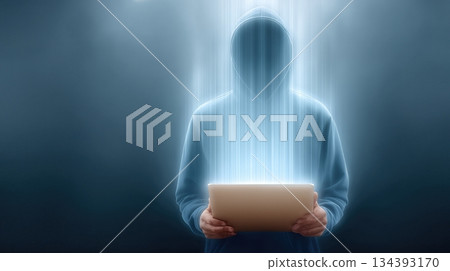 Hacker in Dark Hoodie Working on Glowing Laptop in Dimly Lit Room Hacker in Dark Hoodie Working on Glowing Laptop in Dimly Lit Room 134393170