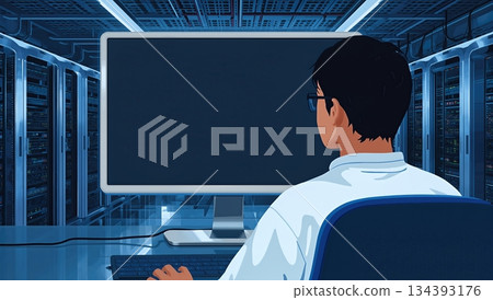 Illustration of a Person Using a Computer in an Environment With Server Racks 134393176