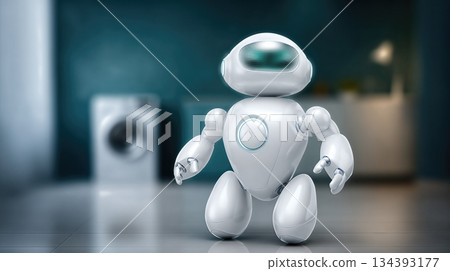 Modern Household Robot Assistant in a Stylish Home Environment Helps With Daily Chores and Tasks 134393177