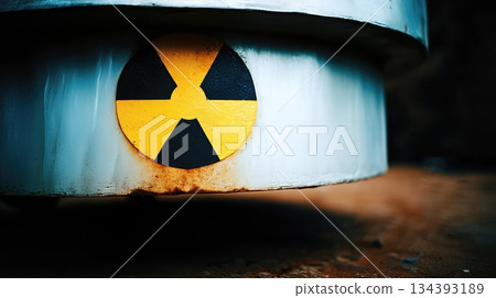 Vivid Colors Highlight a Radioactive Warning Symbol on a Metal Surface in an Industrial Setting Vivid Colors Highlight a Radioactive Warning Symbol on a Metal Surface in an Industrial Setting 134393189