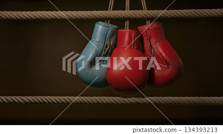 Boxing Gloves Hanging From Ring Ropes in a Shadowy Gym Setting Boxing Gloves Hanging From Ring Ropes in a Shadowy Gym Setting 134393213