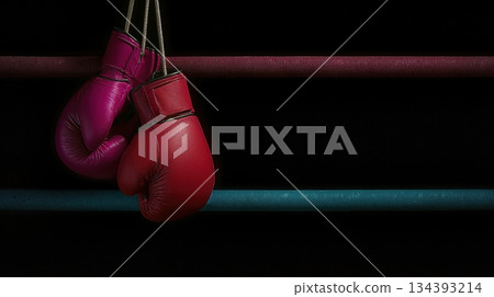 Boxing Gloves Hanging From Ropes in a Dimly Lit Training Gym With Soft Shadows Boxing Gloves Hanging From Ropes in a Dimly Lit Training Gym With Soft Shadows 134393214