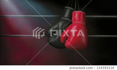 Boxing Gloves Hanging From Ropes in a Dimly Lit Venue With Soft Shadow Effects Creating Depth Boxing Gloves Hanging From Ropes in a Dimly Lit Venue With Soft Shadow Effects Creating Depth 134393216