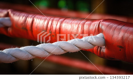 Boxing Ring Corner Featuring Red Ropes Against a Neutral Background During a Training Session 134393217